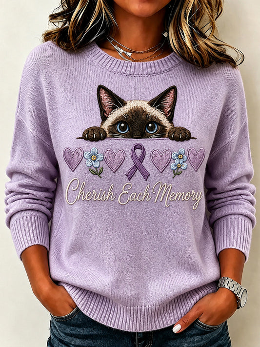 Kvinders Vintage Lilla Ribbon Peeking kat print besætning hals SweaterName