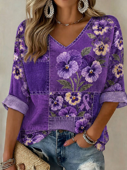 Kvinders Alzheimers bevidsthed Blomster Midt-længde ærmer V-hals T-shirt