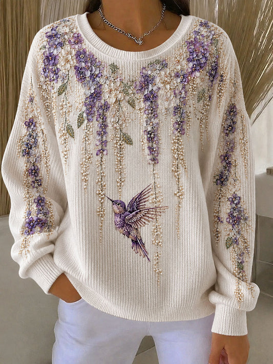 Kvinders Alzheimer-hold-øje-blomst kolibri-rillestrikket rundhals-sweatshirt