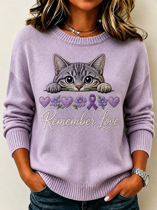 Kvinders vintage lilla blomsterbånd kigge-katteprint rund hals sweater