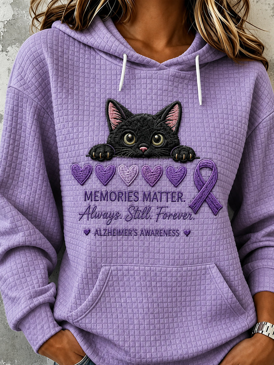 Dame-sweatshirt med lilla bånd, udseende katteprint og behagelig hætte