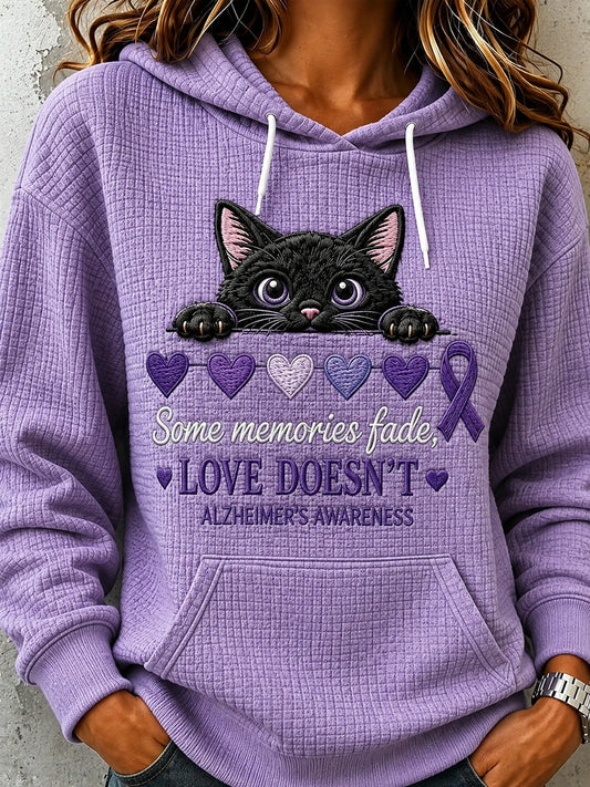 Dame-sweatshirt med lilla bånd, udseende katteprint og behagelig hætte