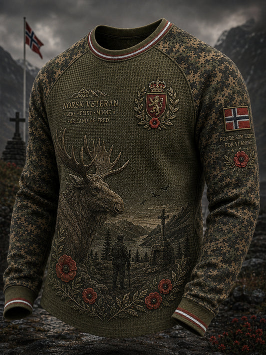 Menns vintage militærintspiret camo-printet vaffelstrikket raglanlangertet topp