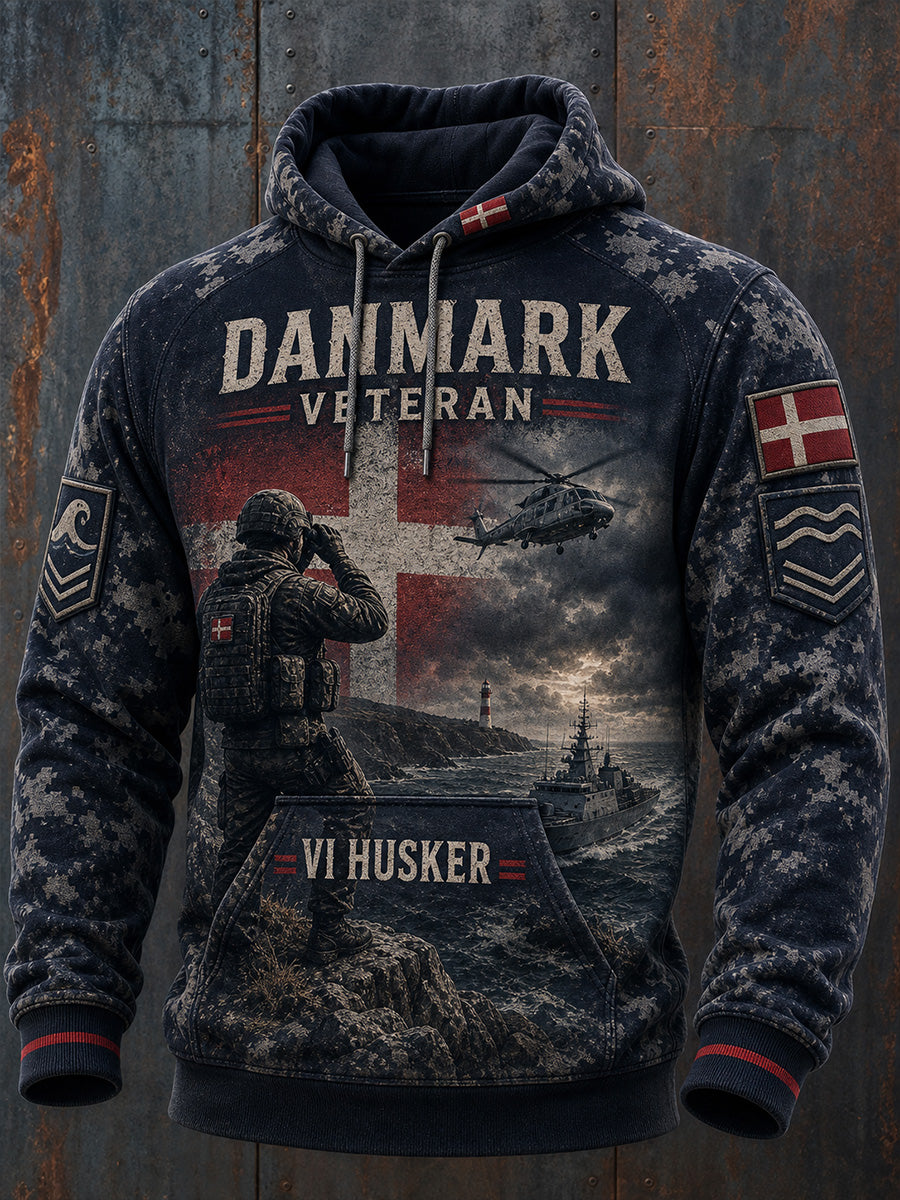 Retro dansk veteranpatriotisk hædersgrafik hættetrøje afslappet behagelig