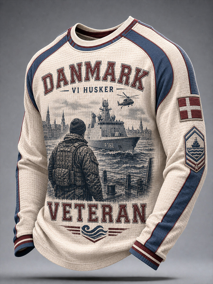Vintage-stil dansk veteranpatriotisk grafisk print afslappet vaffelstrikket sweatshirt