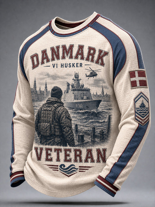 Vintage-stil dansk veteranpatriotisk grafisk print afslappet vaffelstrikket sweatshirt