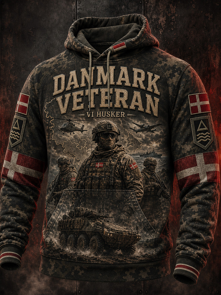 Retro dansk veteranpatriotisk hædersgrafik hættetrøje afslappet behagelig