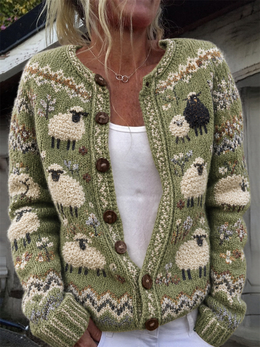 Kvindegenser i vintagestil med print af bløde får på en ø, behagelig cardigan