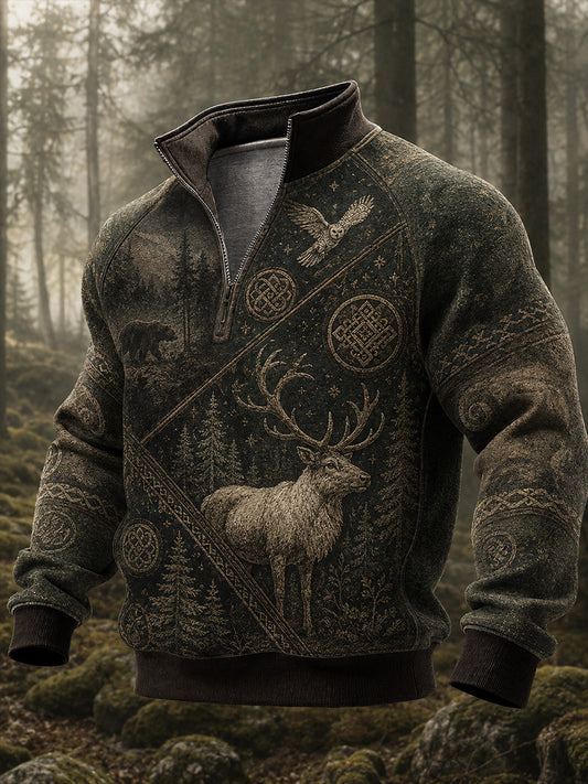 Retro Nordic Art Print Casual Comfortable Zip-Up Sweatshirt