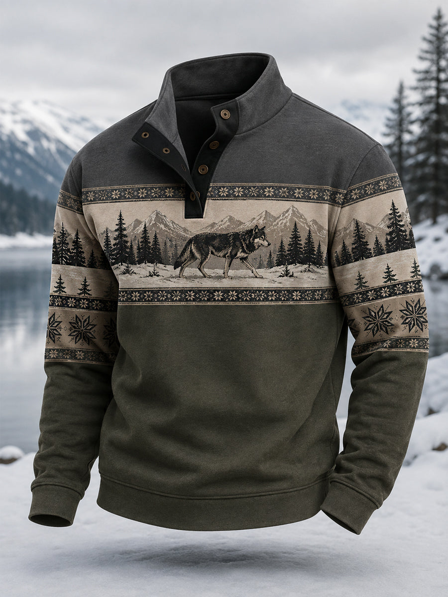 Mænds vinter Wolf Print Casual Pullover