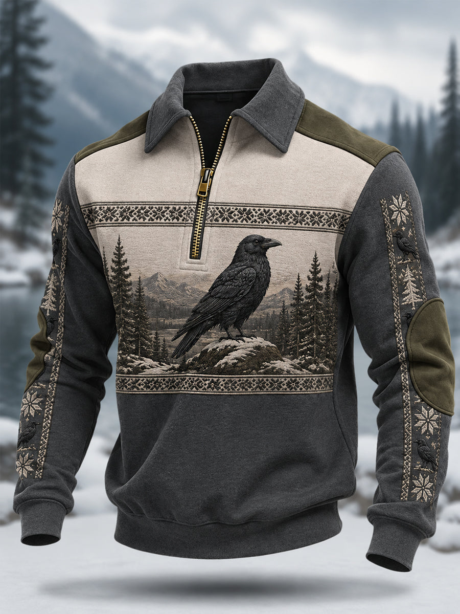 Mænds Raven Print Casual lynlås Pullover