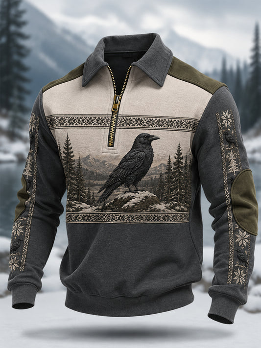 Mænds Raven Print Casual lynlås Pullover