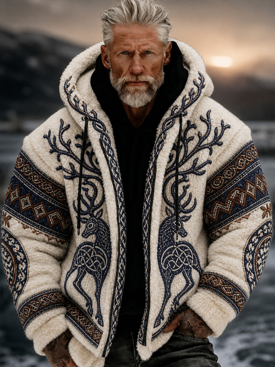 Retro Nordic-Style Animal Art Print Casual Comfortable Hooded Jacke