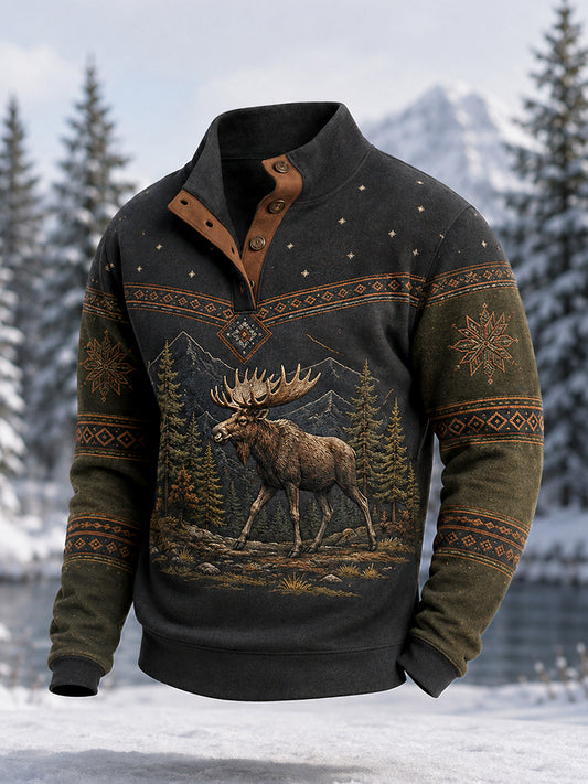 Mænds vinter Moose Print Casual knapper Pullover