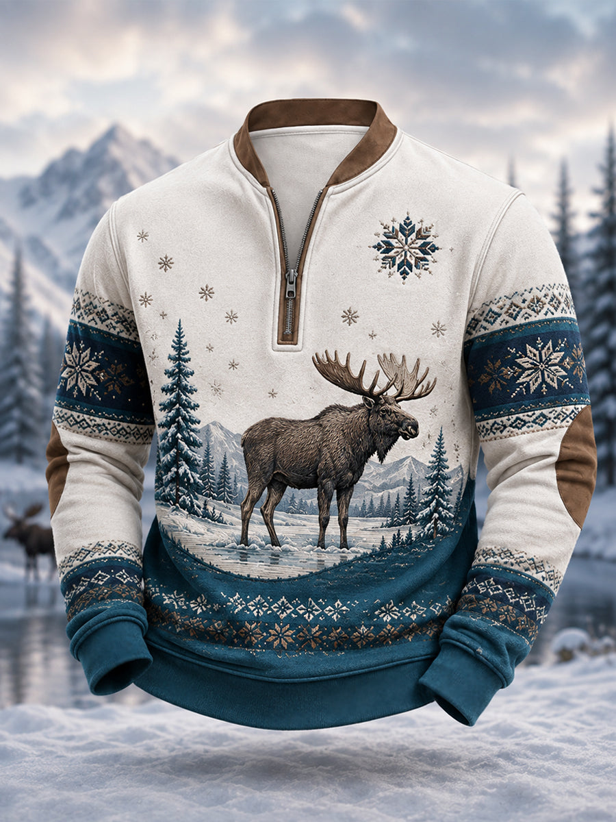 Mænds vinter elg Print Casual lynlås pullover