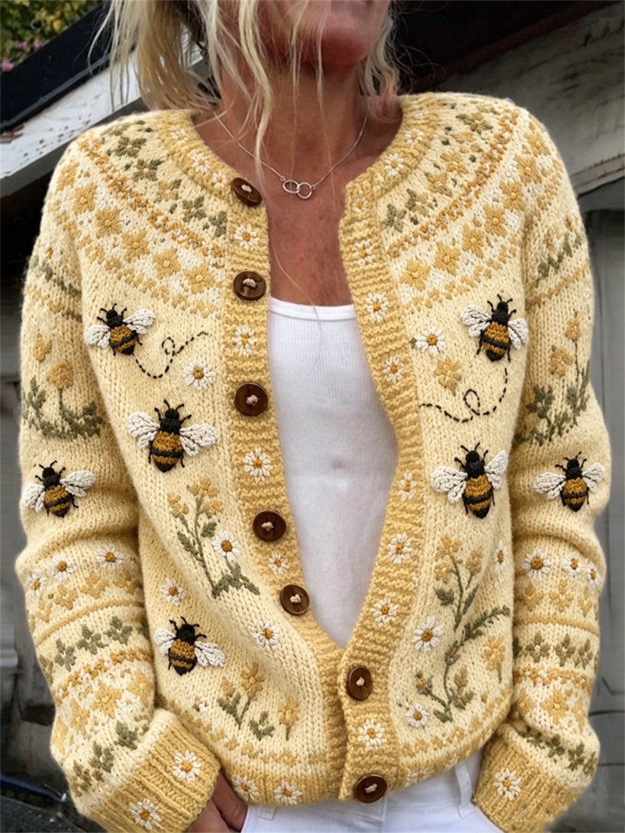 Kvinders Vintage Flying Bier Farm Floral Isle Print Cardigan-Stil Strikke jakken