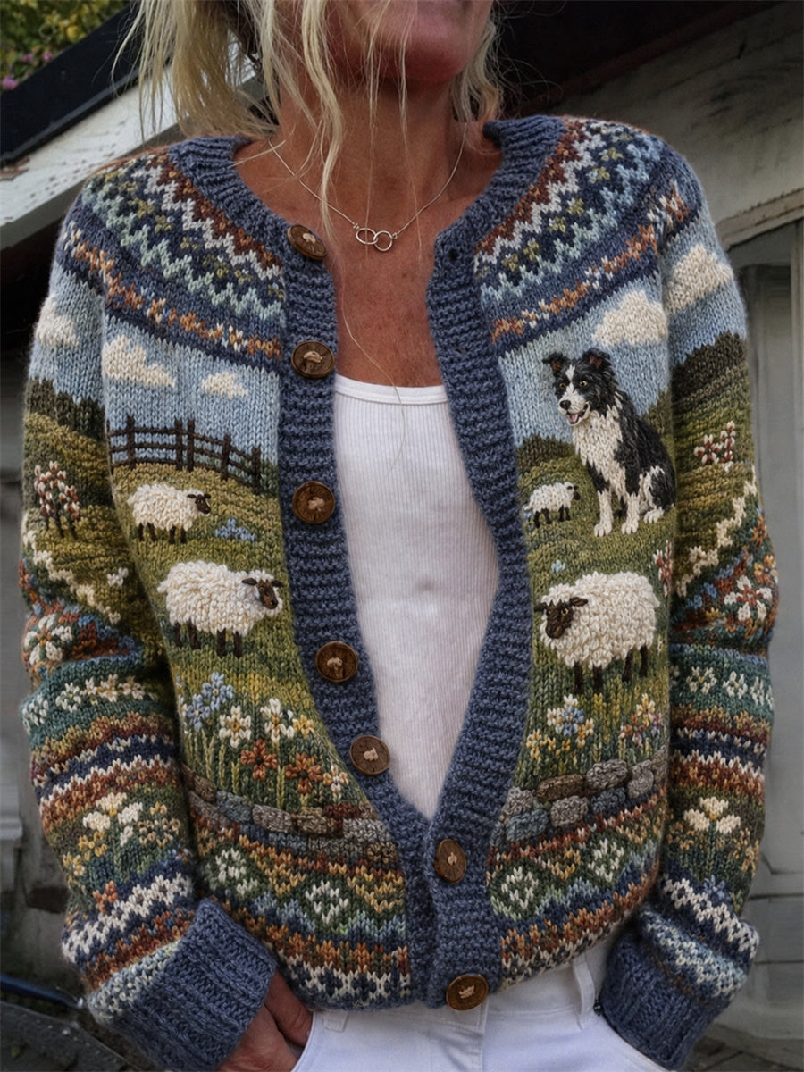Kvinders vintage strikjakke i cardiganstil med print af Border Collie, fårefarm og ølandskab