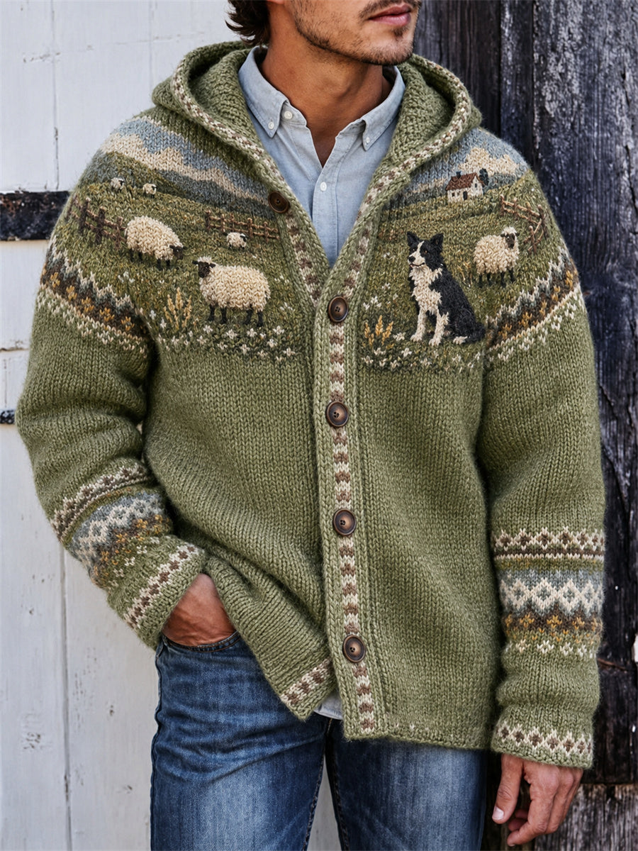 Mænds Vintage Farm grænse Collie & Får joke Isle Print hættefuld Cardigan