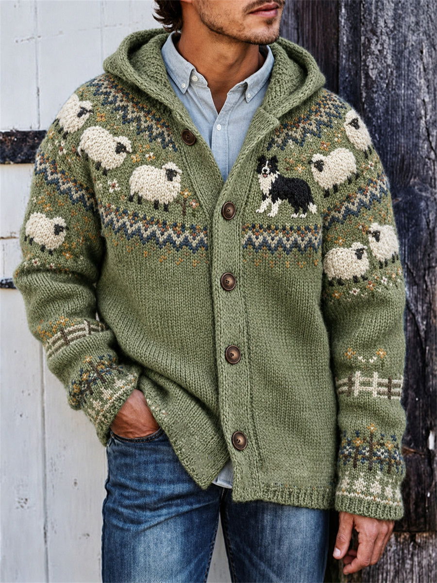 Mænds vintage cardigan med hætte, bondegårdsmotiv af border collie og får samt yoke-is-print