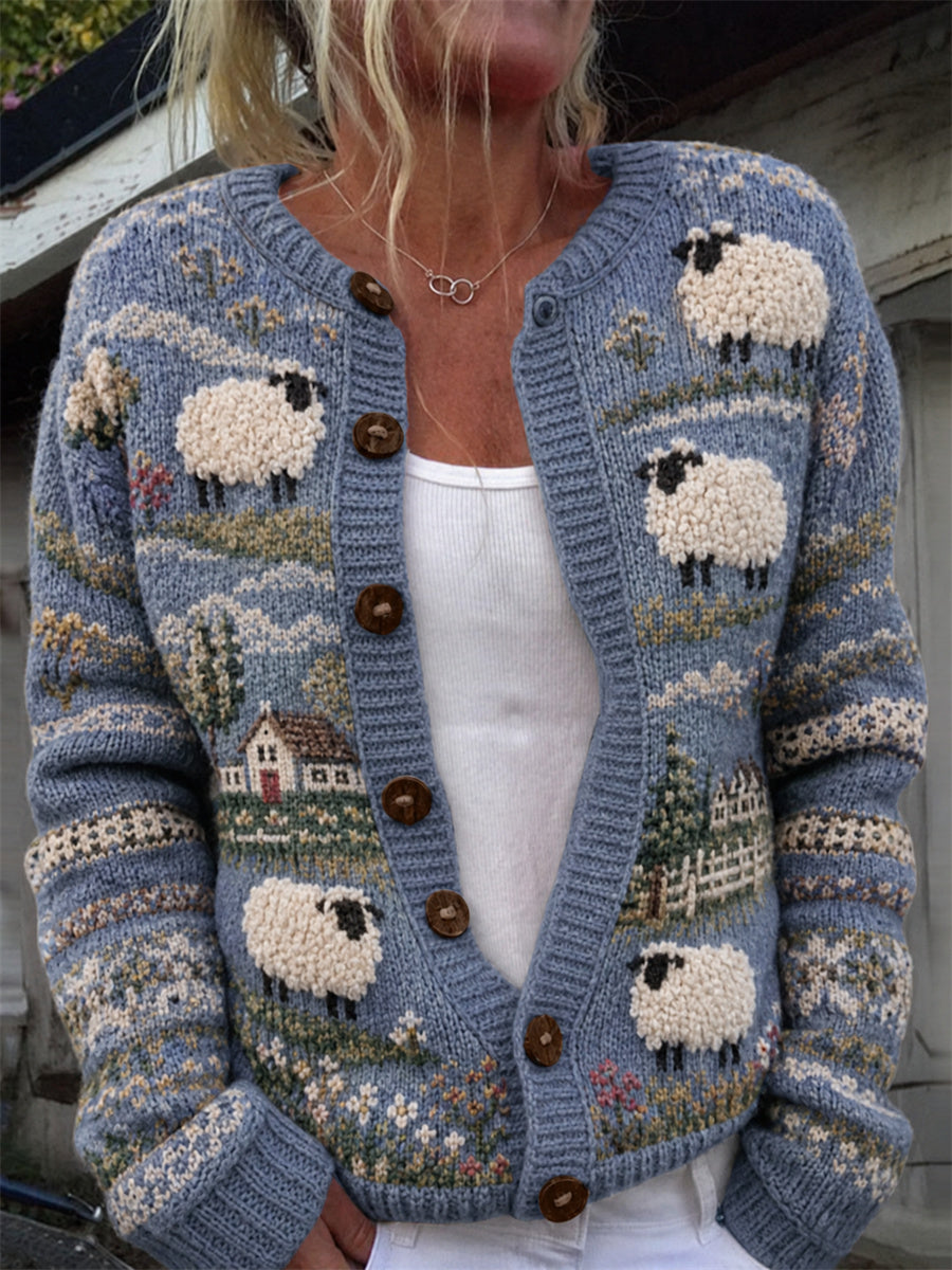 Kvinders Vintage Får Farm Landskab Isle Print Cardigan-Stil Strikke jakken