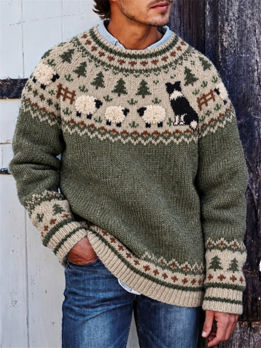 Mænds vintage bondegård border collie og fåretræk ø-print sweater