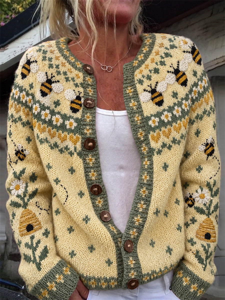 Kvinders Vintage Bier Farm Floral Isle Print Cardigan-stil Strikke jakken