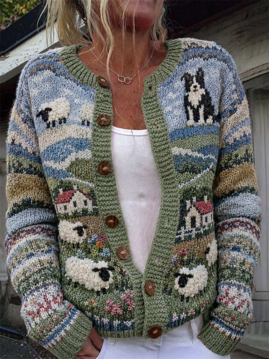 Kvinders Vintage Grænse Collie & Får Farm Landskab Isle Print Cardigan-Stil Strikke jakken