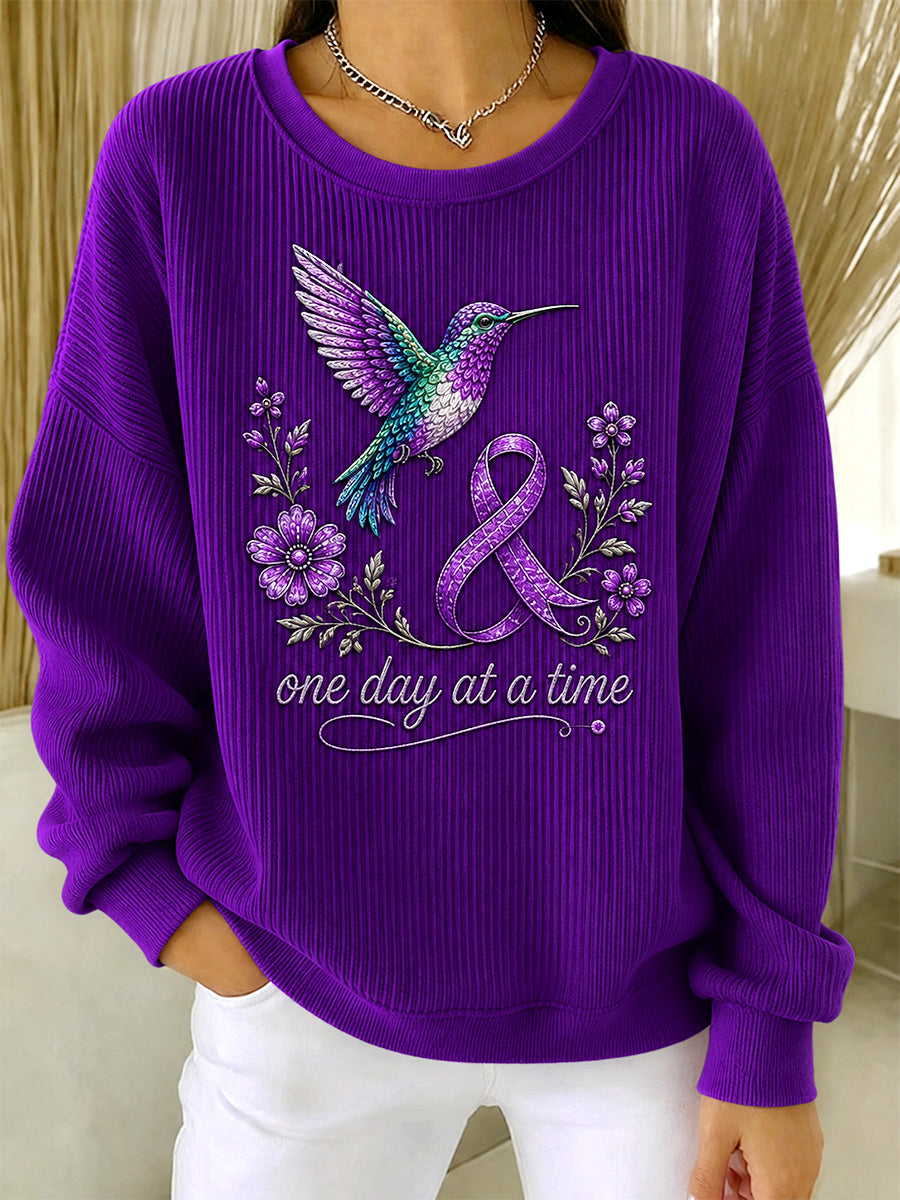 Kvinders lilla blomster & Kolibri Print Alzheimers opmærksomhed Support Ribbed Round-Hack Sweatse smykker