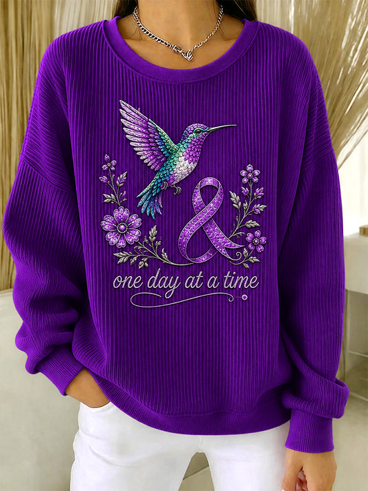 Kvinders lilla blomster & Kolibri Print Alzheimers opmærksomhed Support Ribbed Round-Hack Sweatse smykker