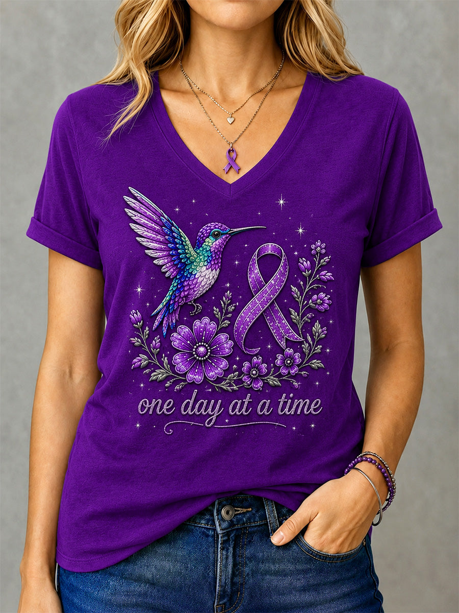 Kvinders lilla blomster & Hummingbird Print Alzheimers bevidsthed Support V-Neck Tee