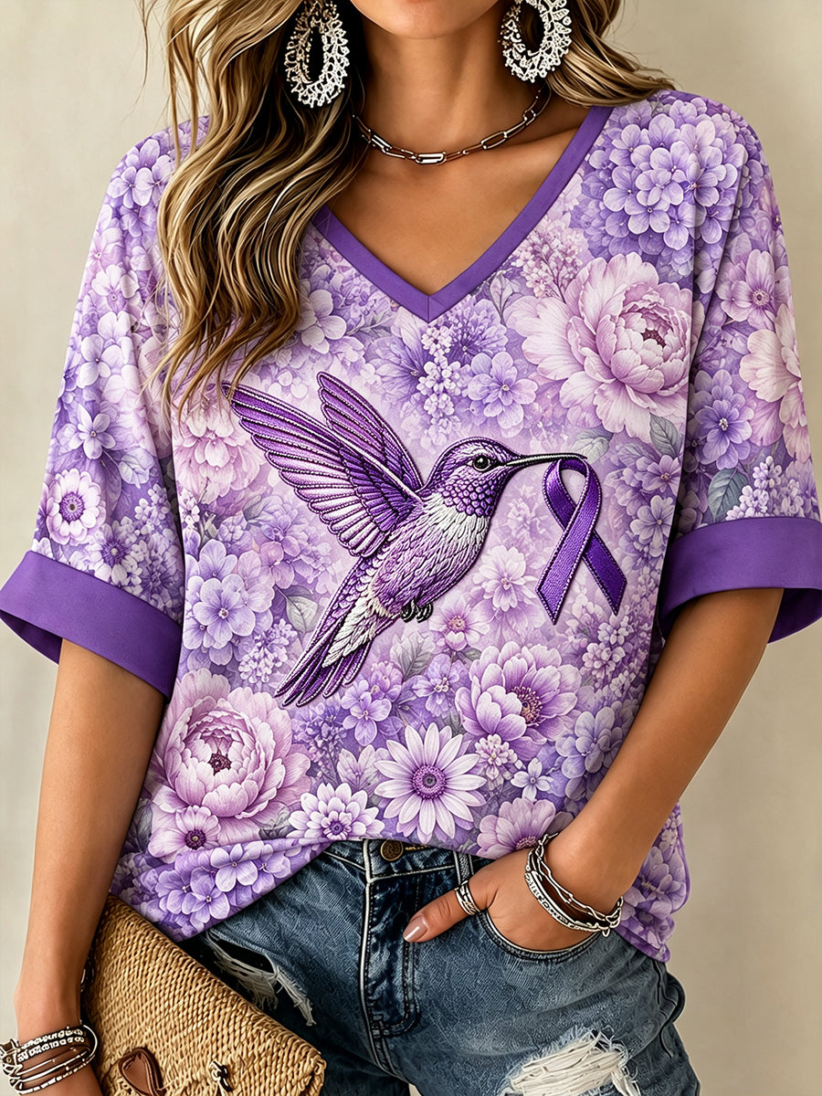 Kvinders Alzheimers bevidsthed Purple Blomster Hummingbird Print Midt-længde ærmer T-shirt