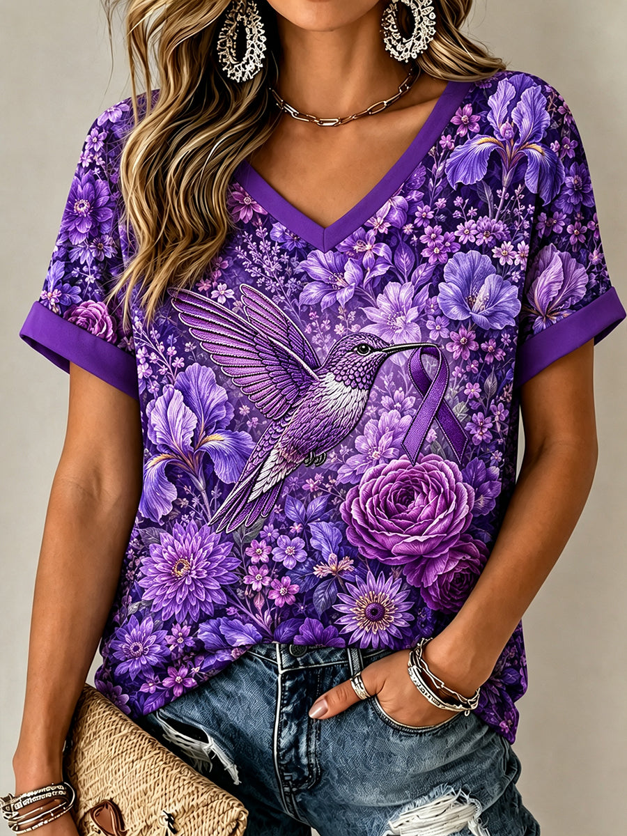 Kvinders Alzheimers bevidsthed Purple Blomster Hummingbird Print T-shirte