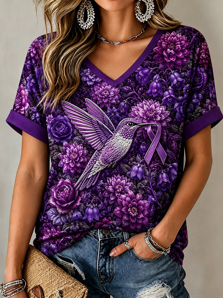 Kvinders Alzheimers-holdning lilla blomsterkolibri-print t-shirt