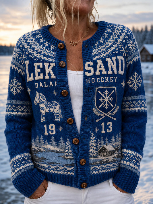 Damer Svensk Ishockey Leksands IF Fans Älskare Tryckt Knappcardigan