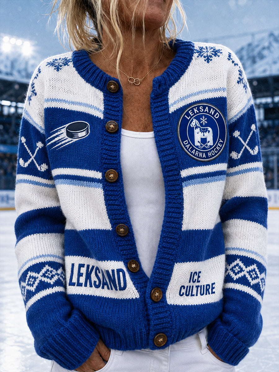Damer Svensk Ishockey Leksands IF Fans Älskare Tryckt Knappcardigan