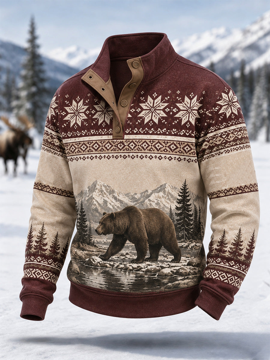 Mænds Vinter Snebjørn Print Casual knapper Pullover