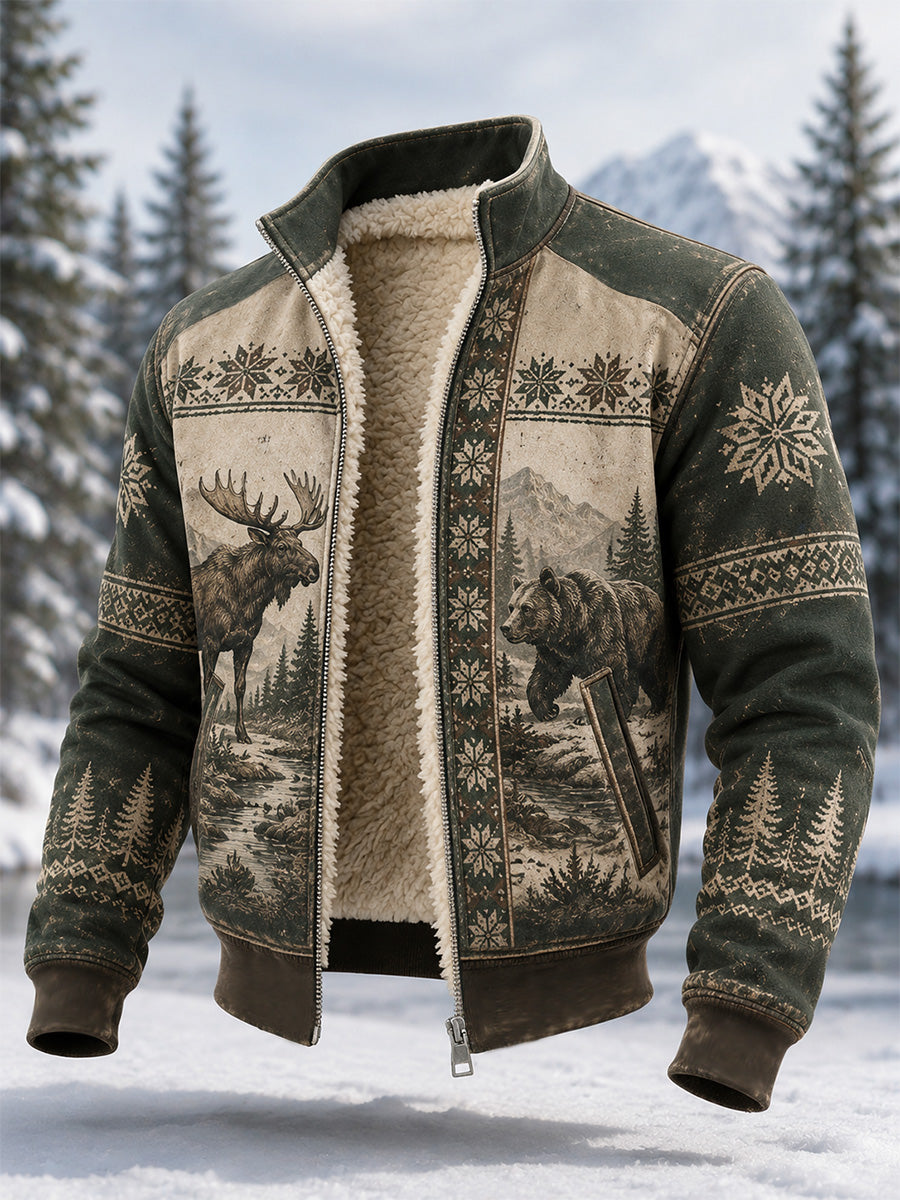 Mænds Vinter Moose & Snebjørn Print Casual Composite Fleece Jacke