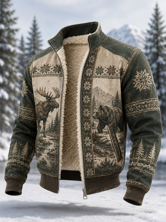 Mænds Vinter Moose & Snebjørn Print Casual Composite Fleece Jacke