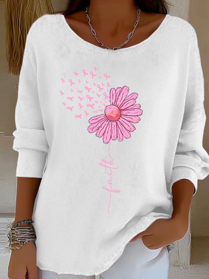 Kvinders Pink Ribbon Solsik Faith Print Bryst kræft bevidsthed Support Lang ærme Toppe
