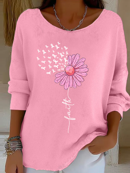 Kvinders Pink Ribbon Solsik Faith Print Bryst kræft bevidsthed Support Lang ærme Toppe