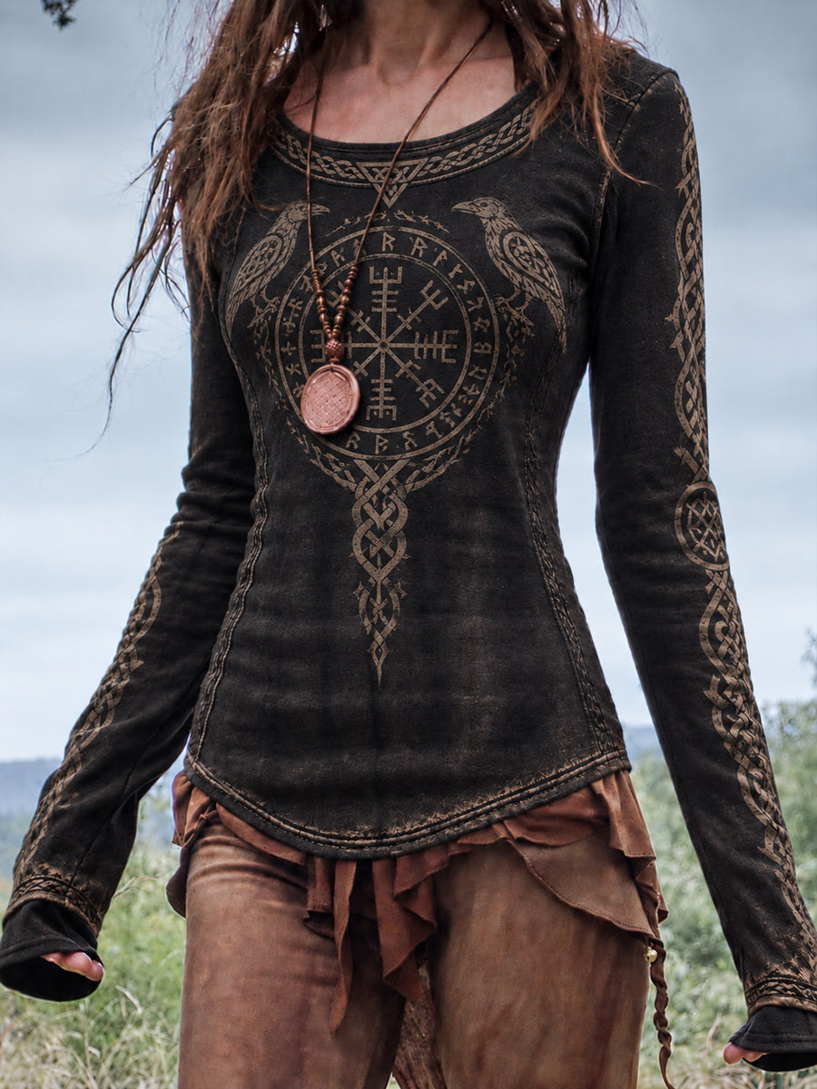 Kvindernes vikingetids t-shirt med rund hals og lange ærmer