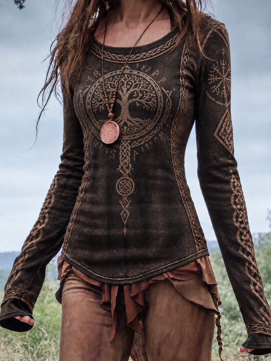 Kvindernes vikingetids t-shirt med rund hals og lange ærmer