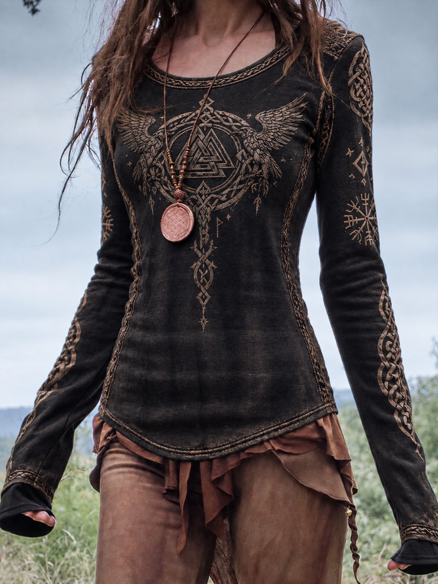 Kvindernes vikingetids t-shirt med rund hals og lange ærmer