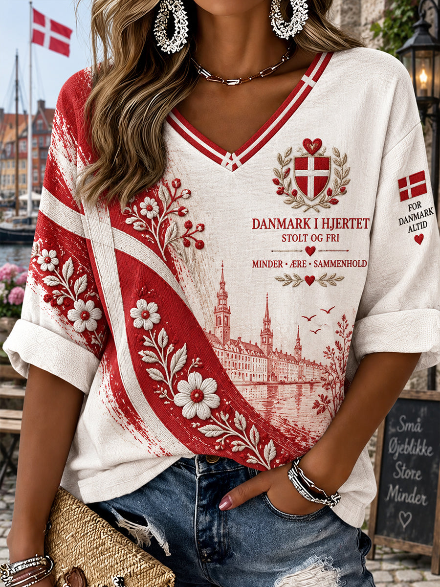 Kvinders Patriotisk-tema Print V-hals langærme øverst