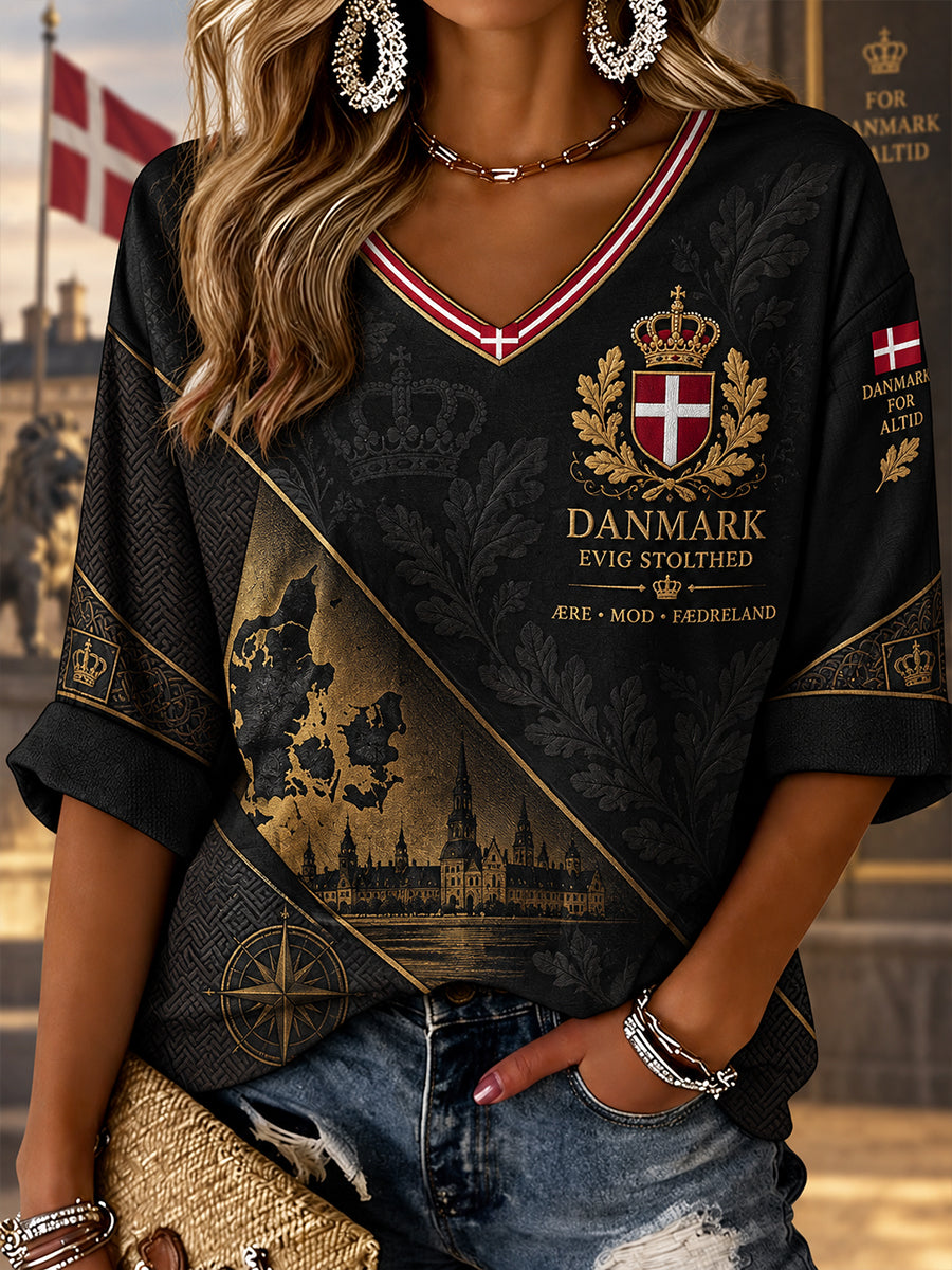 Kvindernes patriotisktæmmede print V-udskæring langærmet top