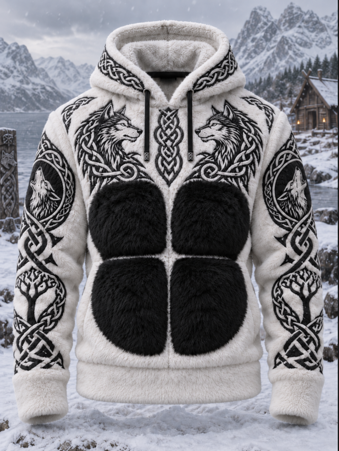 Mænds Vikinge Tribal Style Wolf Head Jacquard Celtic Knob kunst Flannel varm Hoodie