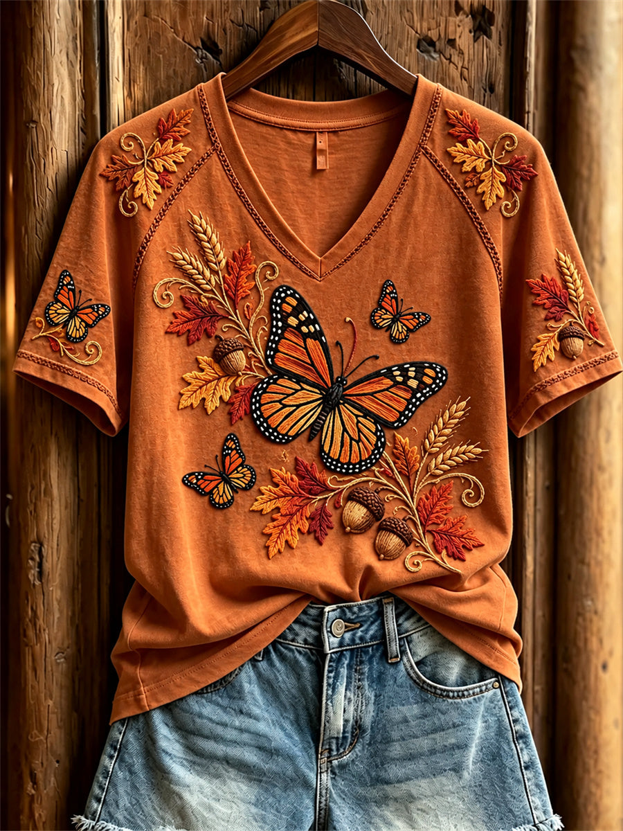 Damernes Fall Monarch Sommerfugle & Planter Print kortærmet T-shirt