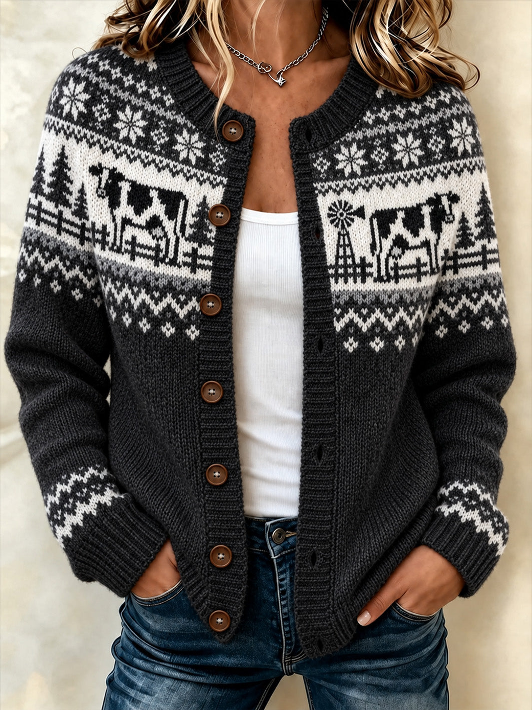 Kvinder gård ko mønster trykt afslappet cardigan-stil strikke jakken