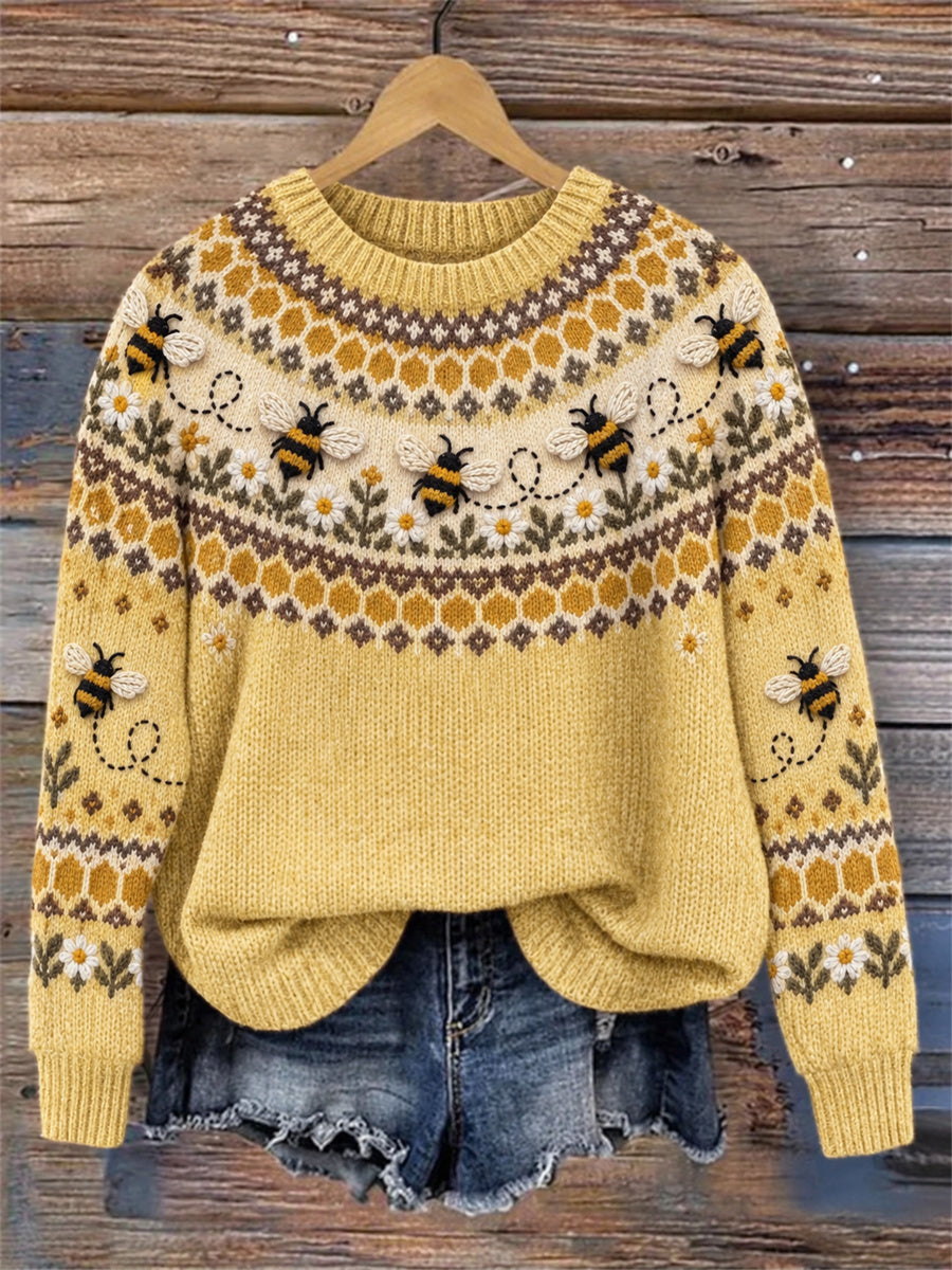 Kvinders Vintage Flying Bier Tusindfryd Yoke Isle Print besætning hals sweater.