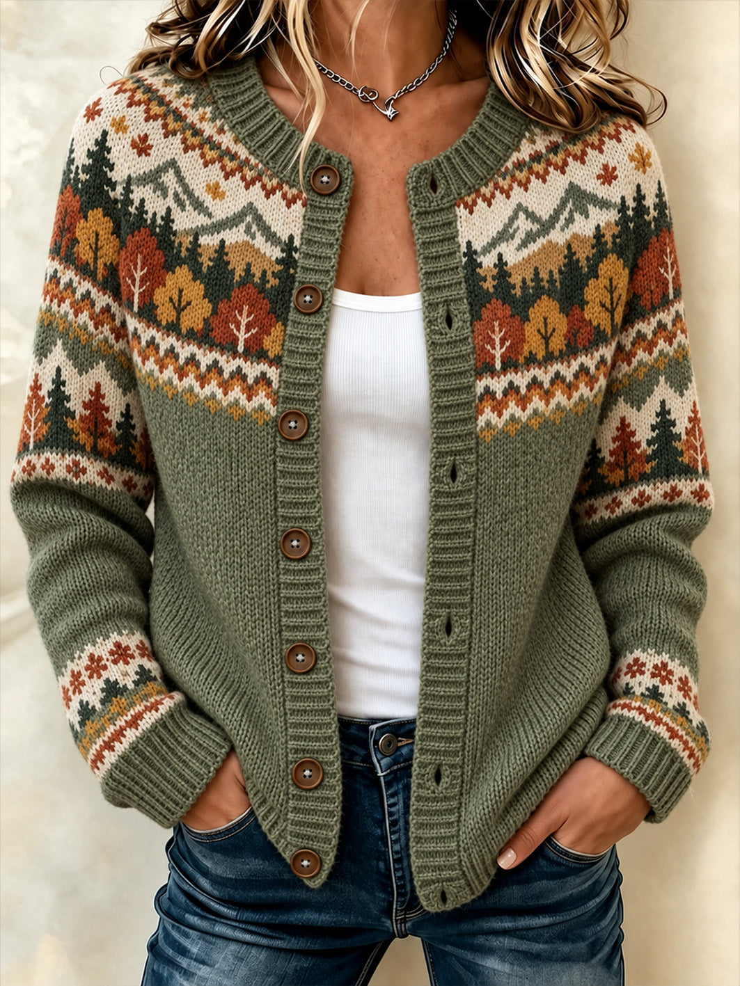 Kvinders efterår Landskab Mønster Design Fritid Cardigan-Style Strik frakket